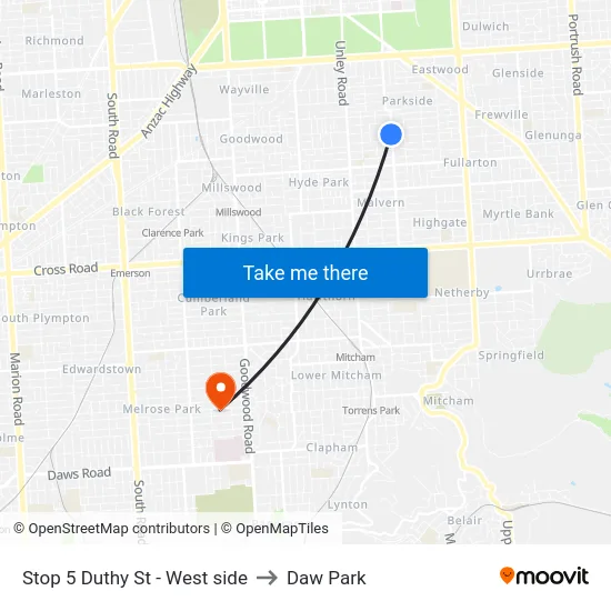 Stop 5 Duthy St - West side to Daw Park map