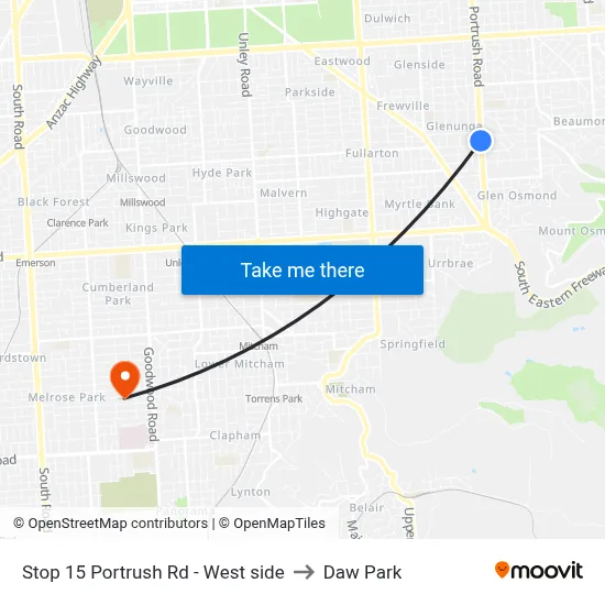 Stop 15 Portrush Rd - West side to Daw Park map