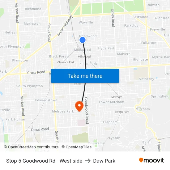 Stop 5 Goodwood Rd - West side to Daw Park map