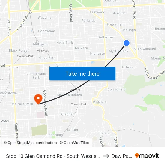 Stop 10 Glen Osmond Rd - South West side to Daw Park map