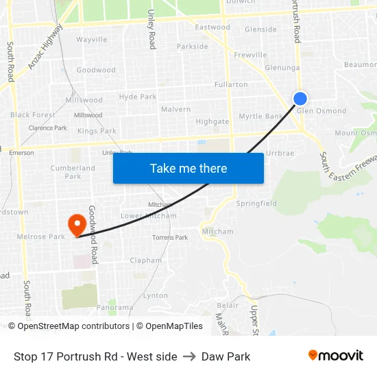Stop 17 Portrush Rd - West side to Daw Park map