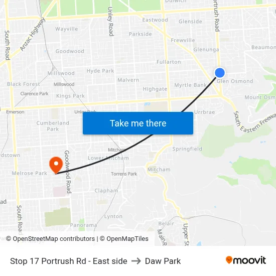 Stop 17 Portrush Rd - East side to Daw Park map