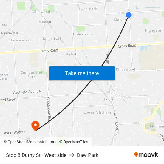Stop 8 Duthy St - West side to Daw Park map
