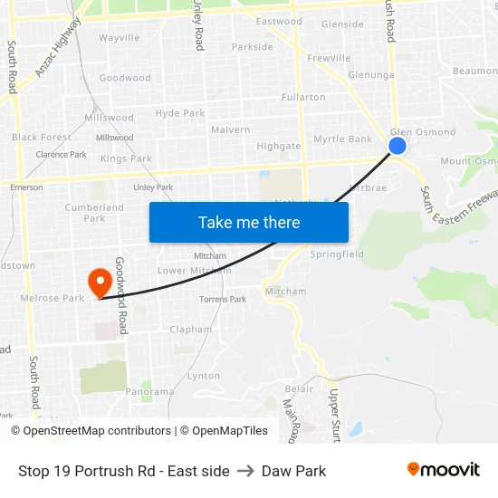 Stop 19 Portrush Rd - East side to Daw Park map
