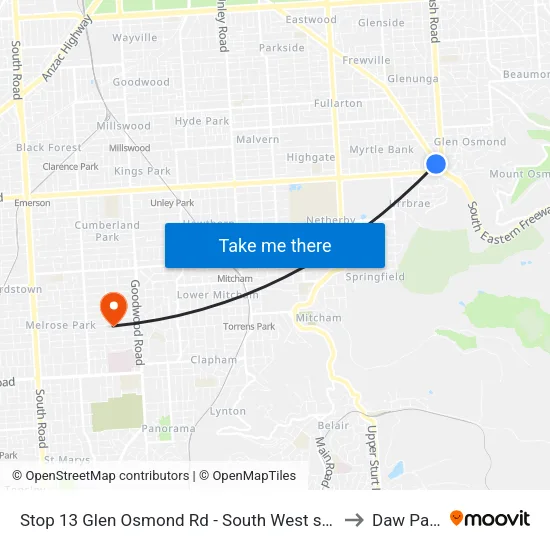 Stop 13 Glen Osmond Rd - South West side to Daw Park map