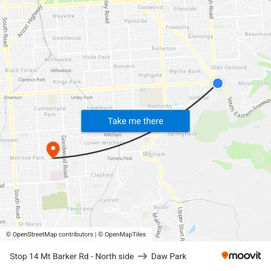 Stop 14 Mt Barker Rd - North side to Daw Park map