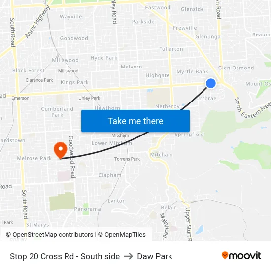 Stop 20 Cross Rd - South side to Daw Park map