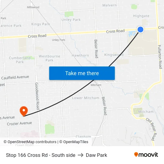 Stop 166 Cross Rd - South side to Daw Park map