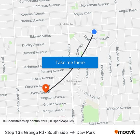 Stop 13E Grange Rd - South side to Daw Park map