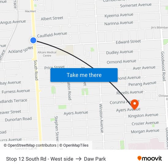 Stop 12 South Rd - West side to Daw Park map