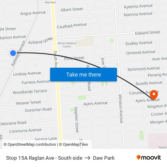 Stop 15A Raglan Ave - South side to Daw Park map