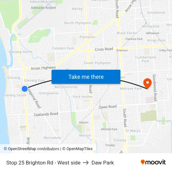 Stop 25 Brighton Rd - West side to Daw Park map
