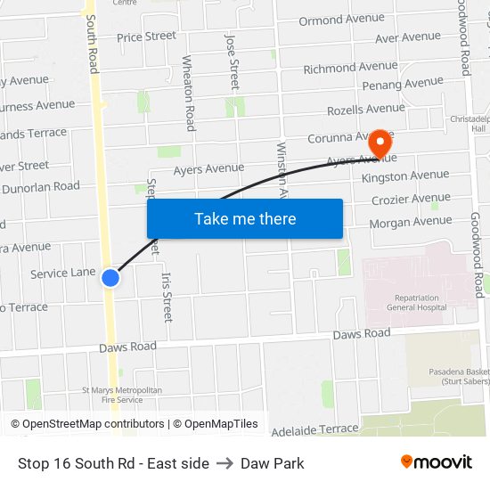 Stop 16 South Rd - East side to Daw Park map