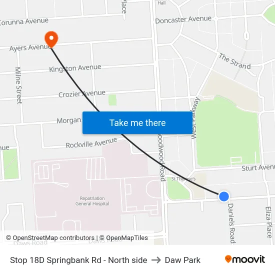 Stop 18D Springbank Rd - North side to Daw Park map