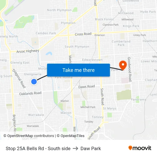 Stop 25A Bells Rd - South side to Daw Park map