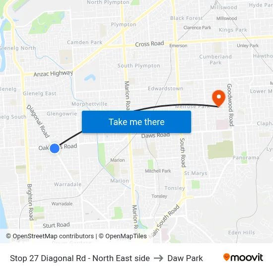 Stop 27 Diagonal Rd - North East side to Daw Park map