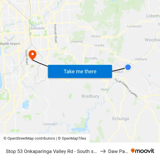 Stop 53 Onkaparinga Valley Rd - South side to Daw Park map