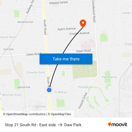 Stop 21 South Rd - East side to Daw Park map