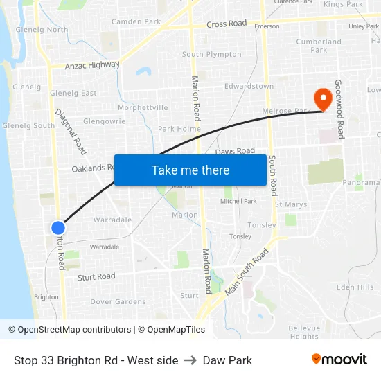 Stop 33 Brighton Rd - West side to Daw Park map