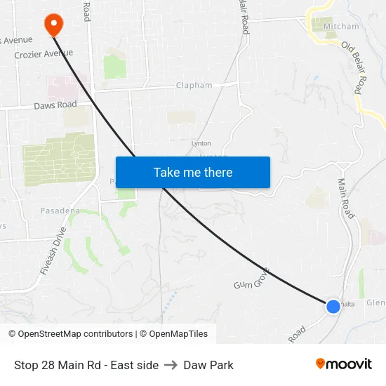 Stop 28 Main Rd - East side to Daw Park map