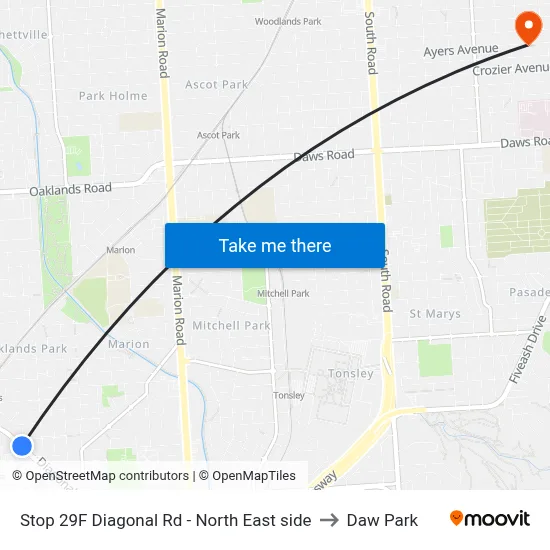 Stop 29F Diagonal Rd - North East side to Daw Park map