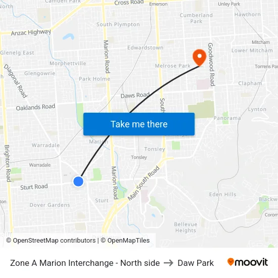 Zone A Marion Interchange - North side to Daw Park map