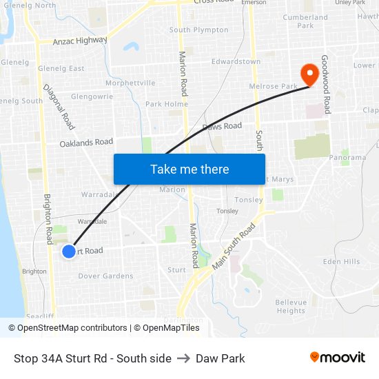 Stop 34A Sturt Rd - South side to Daw Park map