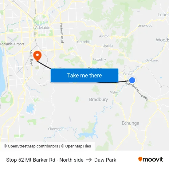 Stop 52 Mt Barker Rd - North side to Daw Park map