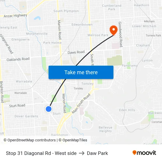 Stop 31 Diagonal Rd - West side to Daw Park map