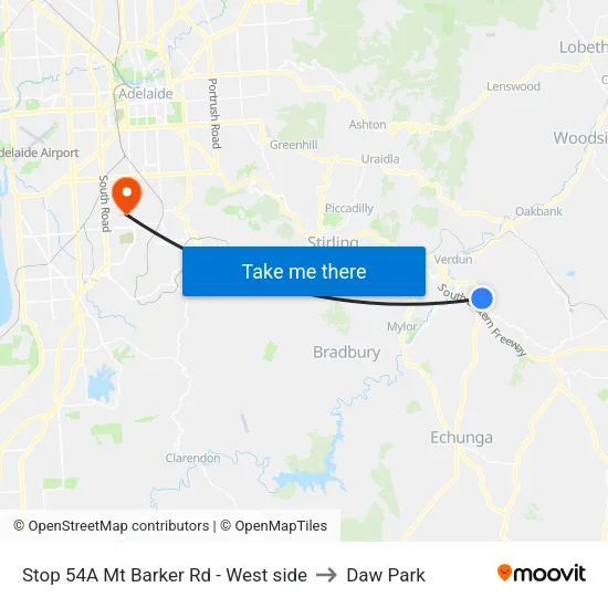 Stop 54A Mt Barker Rd - West side to Daw Park map