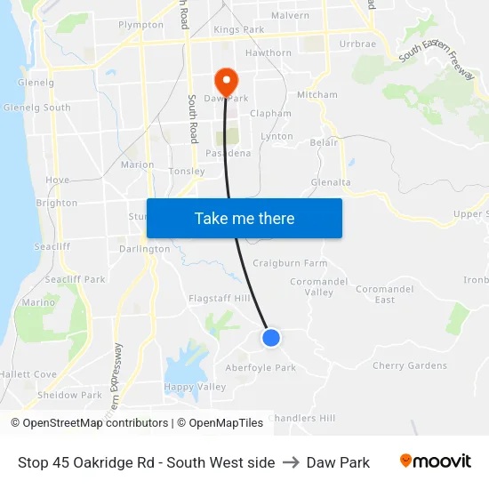 Stop 45 Oakridge Rd - South West side to Daw Park map