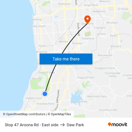 Stop 47 Aroona Rd - East side to Daw Park map
