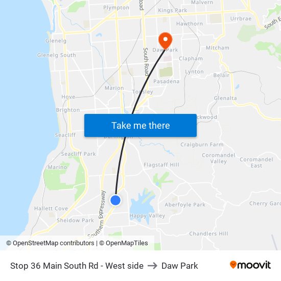 Stop 36 Main South Rd - West side to Daw Park map