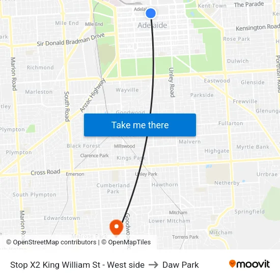 Stop X2 King William St - West side to Daw Park map