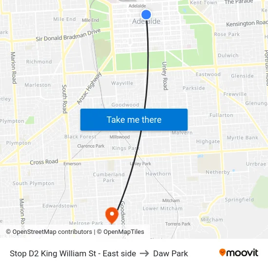 Stop D2 King William St - East side to Daw Park map