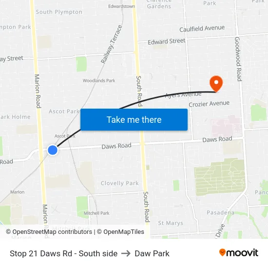 Stop 21 Daws Rd - South side to Daw Park map