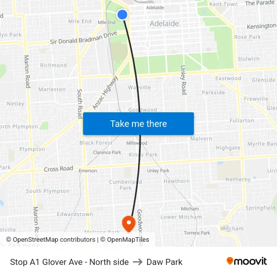 Stop A1 Glover Ave - North side to Daw Park map