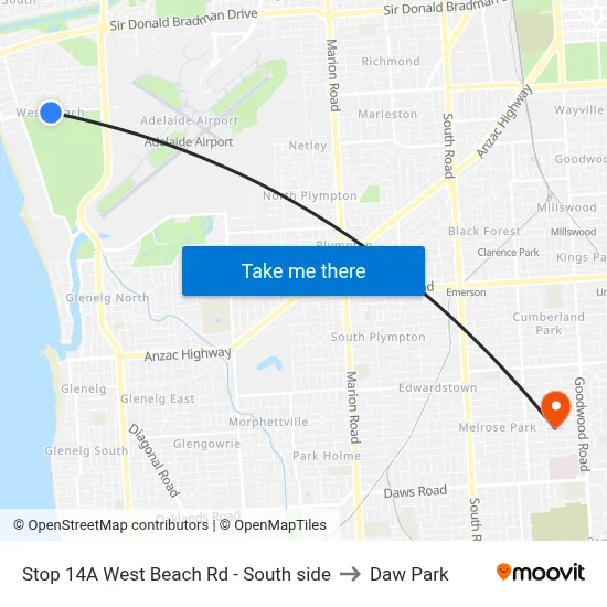 Stop 14A West Beach Rd - South side to Daw Park map