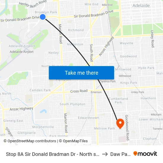 Stop 8A Sir Donald Bradman Dr - North side to Daw Park map