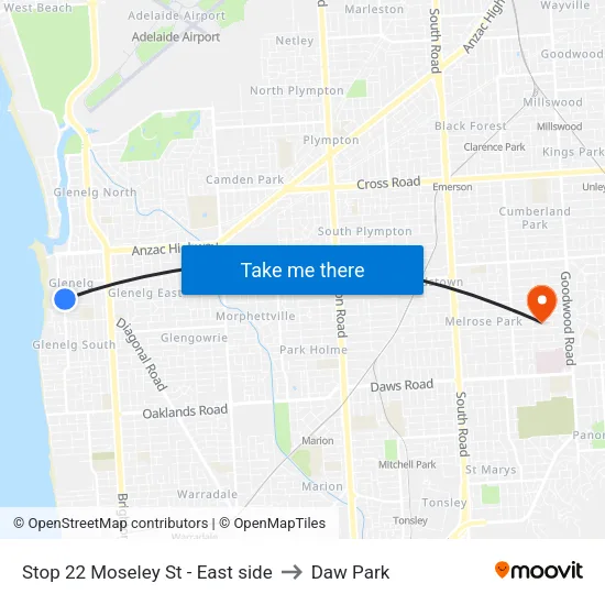 Stop 22 Moseley St - East side to Daw Park map