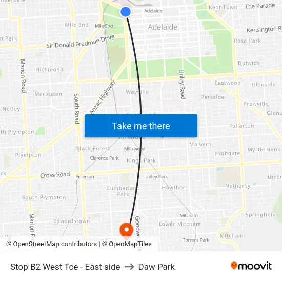 Stop B2 West Tce - East side to Daw Park map
