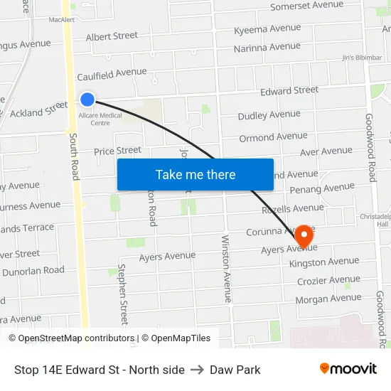 Stop 14E Edward St - North side to Daw Park map