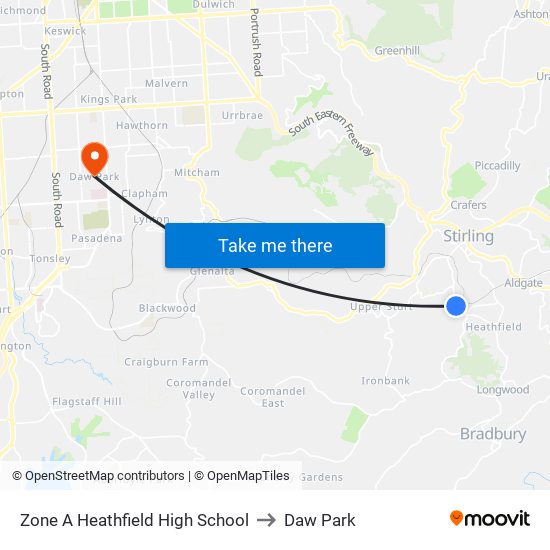 Zone A Heathfield High School to Daw Park map