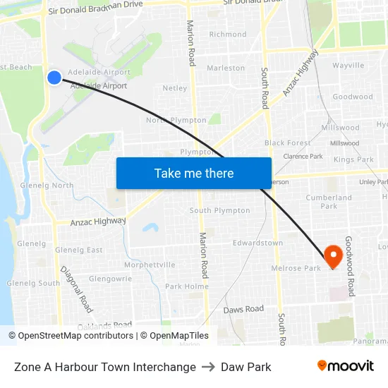 Zone A Harbour Town Interchange to Daw Park map