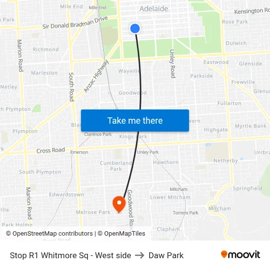 Stop R1 Whitmore Sq - West side to Daw Park map