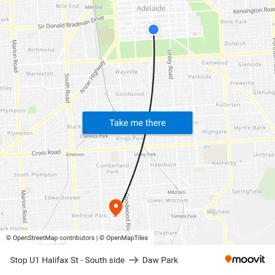 Stop U1 Halifax St - South side to Daw Park map