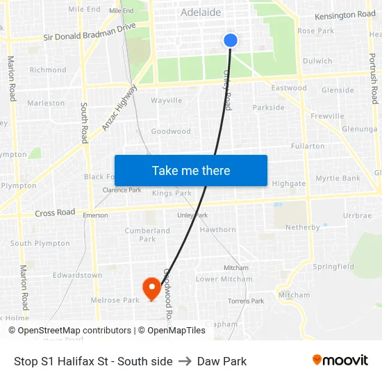 Stop S1 Halifax St - South side to Daw Park map