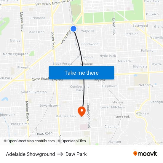 Adelaide Showground to Daw Park map