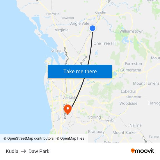 Kudla to Daw Park map
