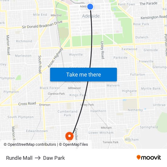 Rundle Mall to Daw Park map